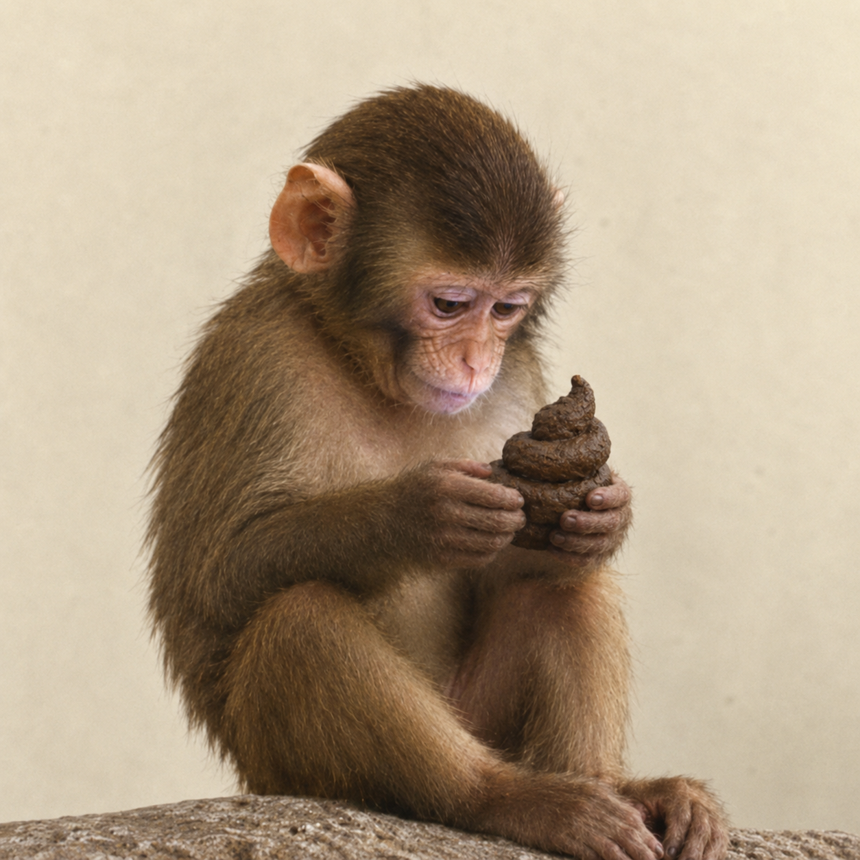 A young macaque examining its unlikely treasure